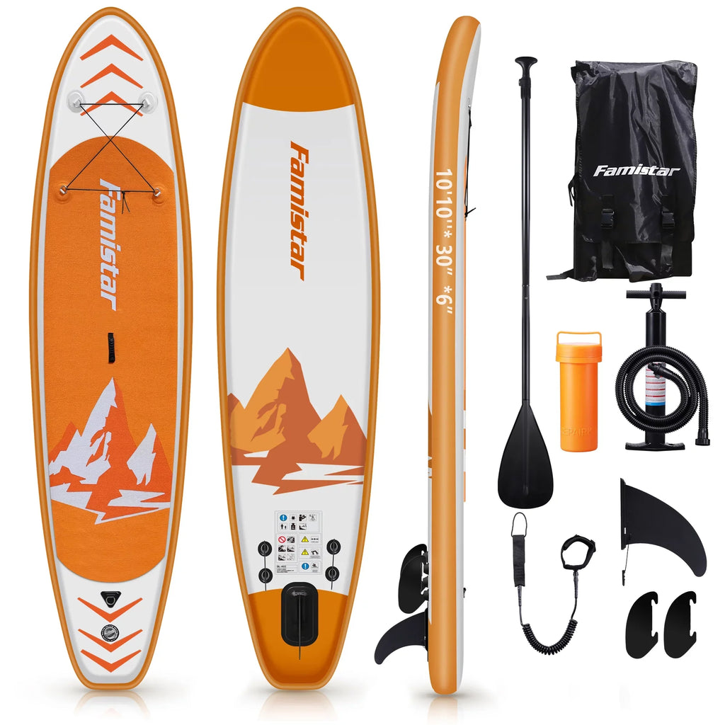 SUP/ & Control, Non-Slip Boat-Orange Adult Bottom Standing Surf Famistar Up Stand 10' Wide 3 Deck Board Inflatable Pins | Stance, Paddle Paddling, (6"Thick) with Fin for |Youth