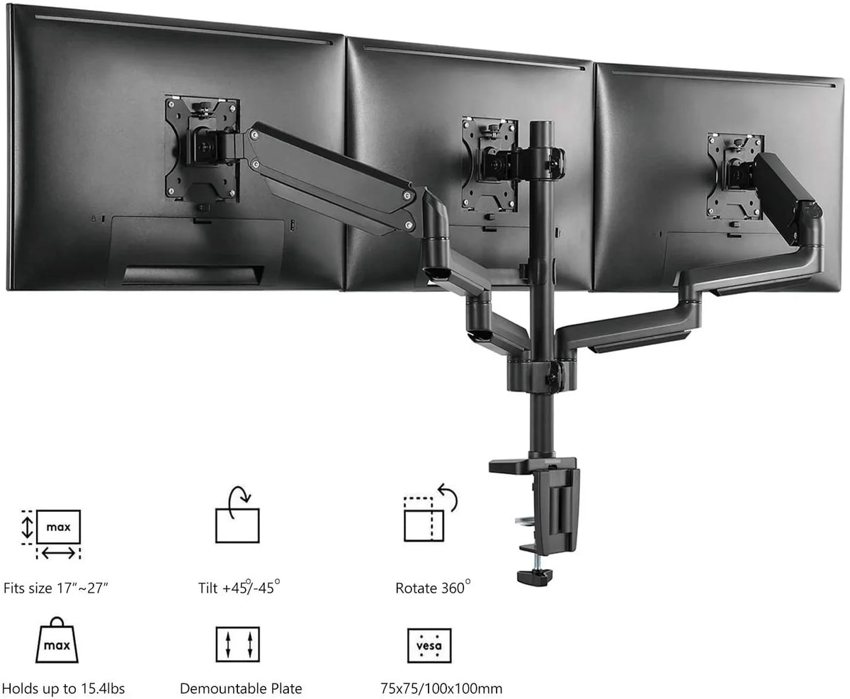 Adjustable Triple to Capacity Desk Weight Spring Monitor for up 27 Display Mount Stand Premium Gas inch, 15.4lbs Fully LCD