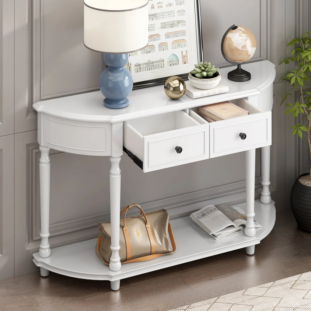OLD Style Drawers Wooden WF298768AAK) Table Console Shelf Retro Curved Top Two SKU: Open (White, Frame Design Legs with and Circular Solid