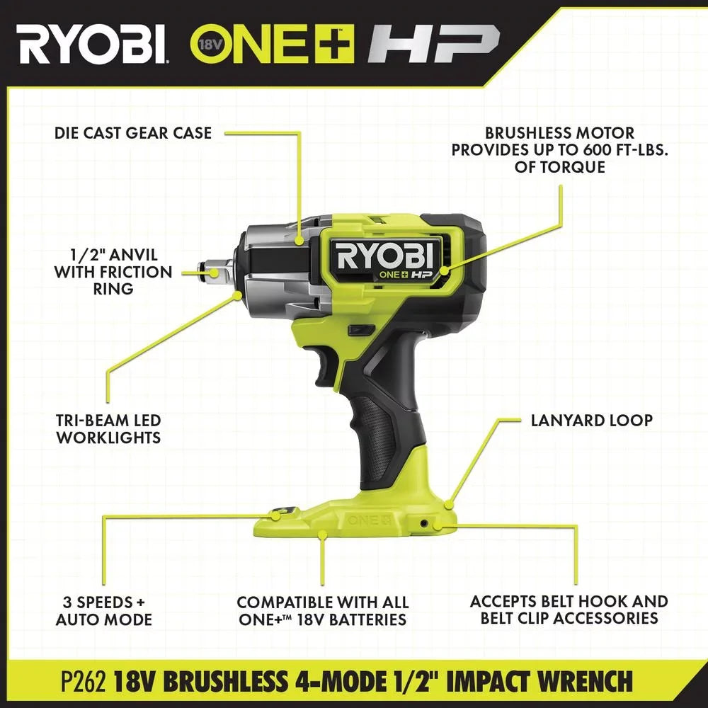 (Tool 1/2 Cordless (P262) Impact RYOBI Brushless Only) ONE+ 4-Mode Wrench in. 18V HP
