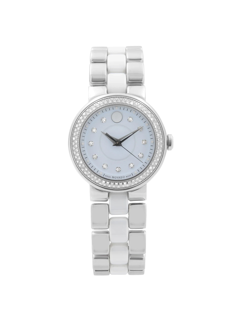 Movado Steel Ladies Diamond Ceramic White Cerena Quartz Bezel 0606931 Watch 28mm Pre-Owned
