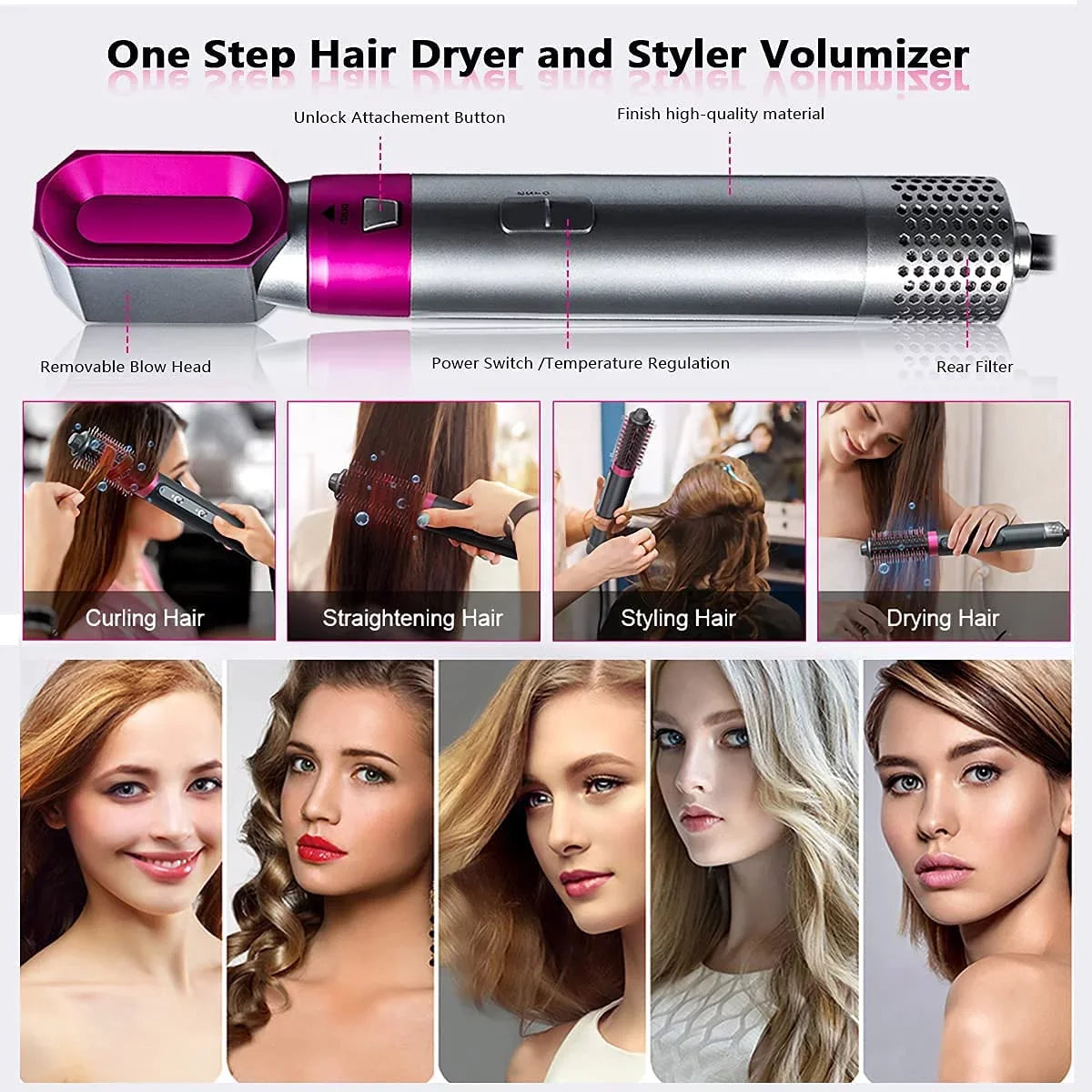 Color: PinkGold Dryer Hair with Heads 5-in-1 Automatic Dryer - Brush Brush Blow Straightening Electric Negative and Brush Styler Curling for - Hair Styling, Detachable Ionic