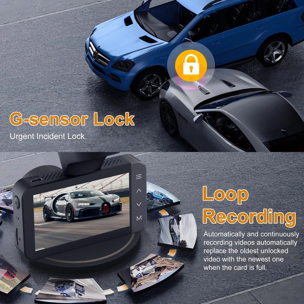 with and Loop WiFi For 3'' and Night GCZ 4K IPS 24H Dashcam HD Touchscreen GPS, Dash Rear Vision, with G-Sensor, Front Full Cam and and Parking Recording Mode Car