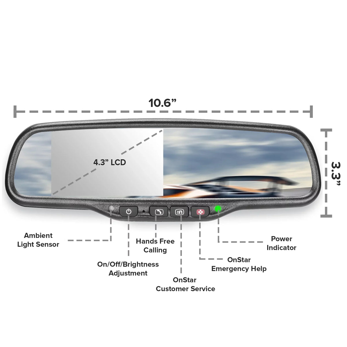 Rear 4.3" with OnStar Tailgaters Compatibility Bright for Auto-Adjusting Ultra Mirror Buttons, OEM View LCD, and Universal Master Cars All
