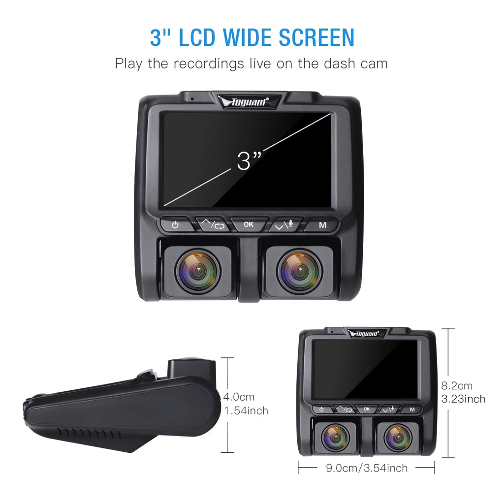 3" Dash LCD Camera TOGUARD 1080P+1080P HD Full Cam, Dashboard Front Inside Dual Camera Black Cams Car and Dash