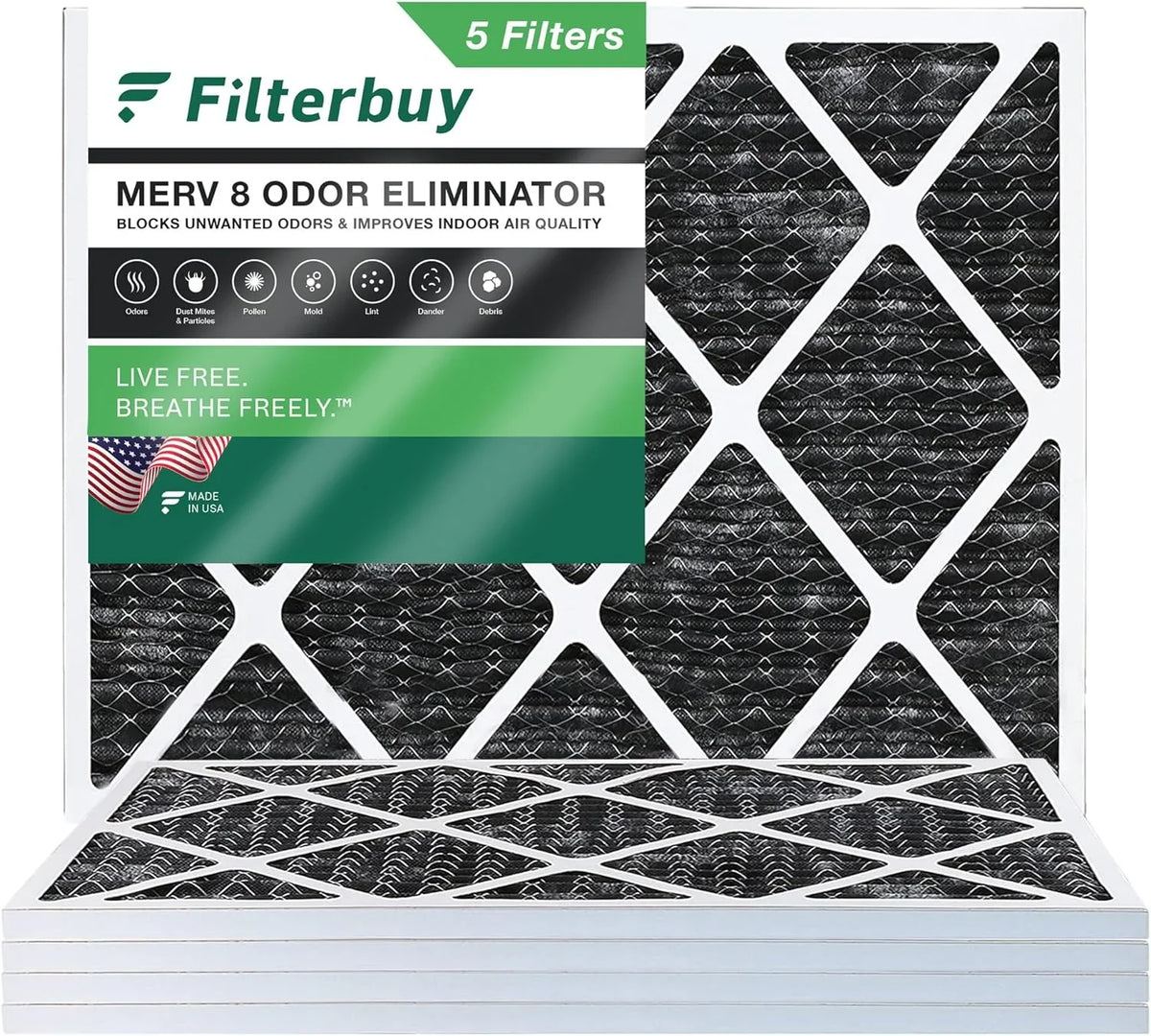 Filterbuy with Air Carbon 8 MERV HVAC (5-Pack) Odor Furnace Eliminator Activated Filters Pleated AC 16x18x1
