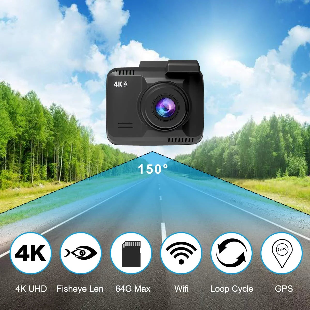 App Cam, G-Sensor, Record, Loop 2160P Motion WDR, Novatek Cam Car Dashboard Iseebiz Detect, Chip, 24FPS View, Parking Dash Wide Mode Built-in GPS, WiFi 150° Driving Angle, Recorder