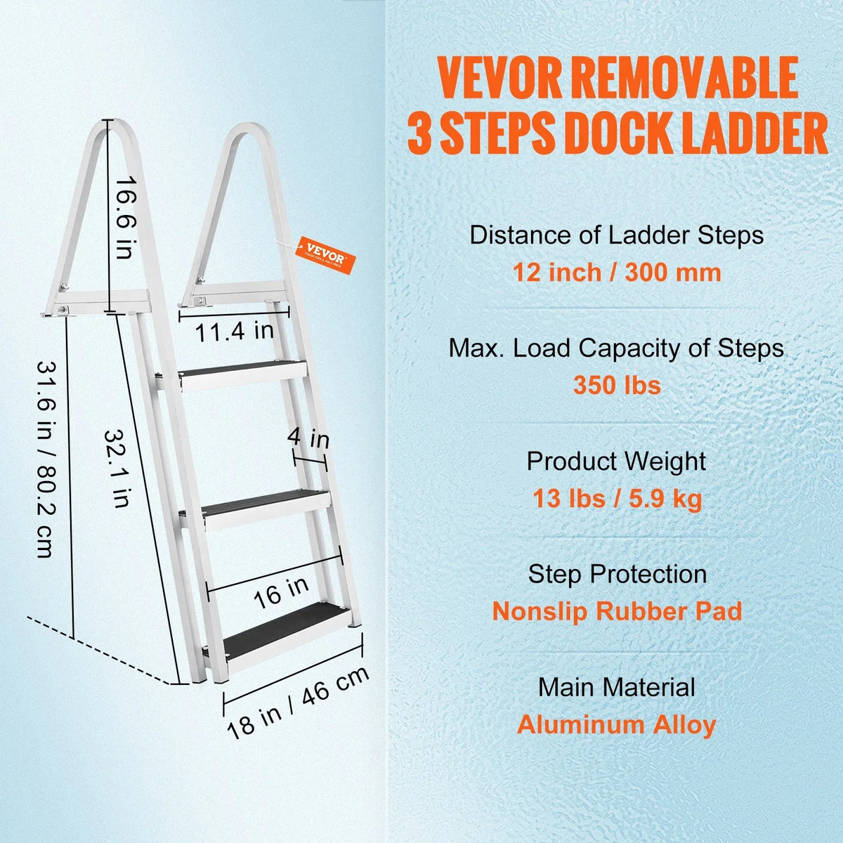 for Boats, - Removable with VEVOR Aluminum Dock 4'' Wide Alloy Pools 3-Step Nonslip Ladder Capacity, 350 Installation Access Lakes, Steps, Marine & Simple lbs