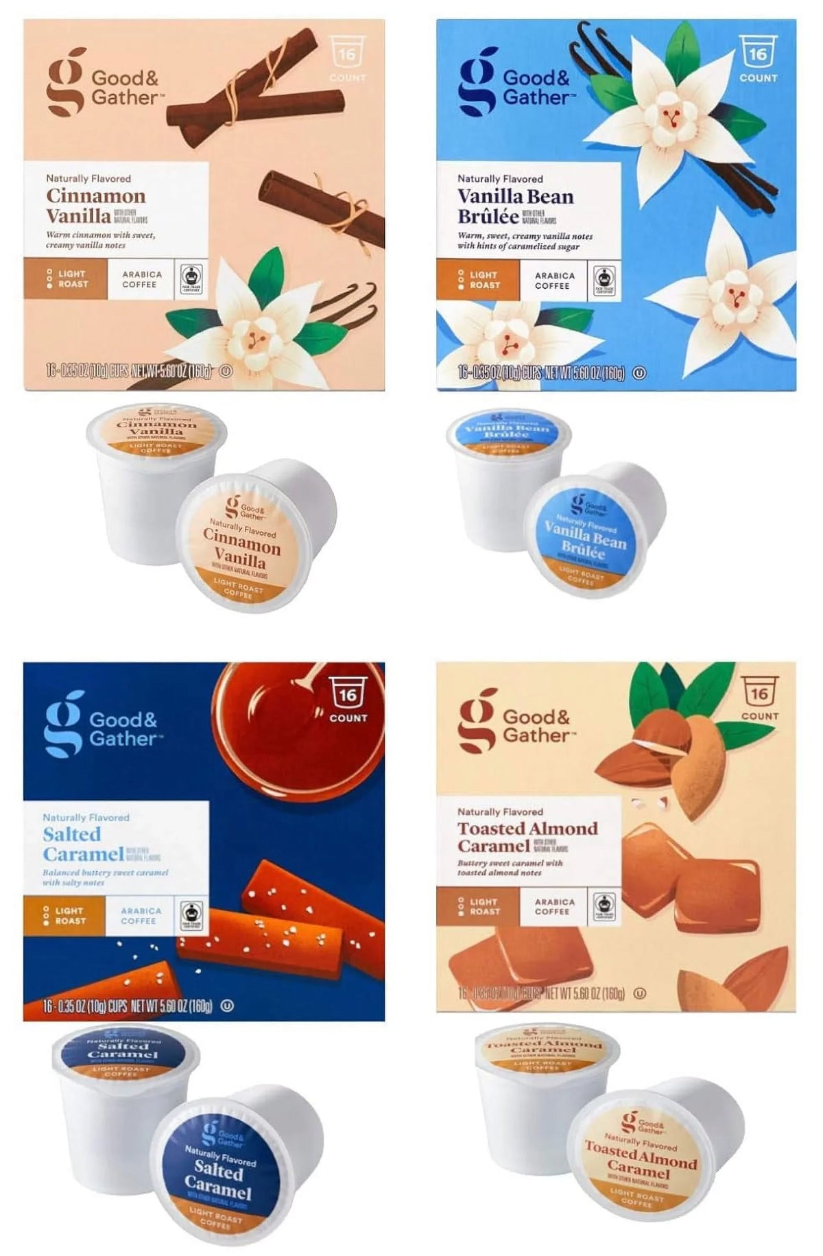Almond Bean Gather Pods 4 Bundle Flavors Caramel, 4) Count(Pack Naturally and Cinnamon Serve and Fair Coffee Brulee of Single Good of Vanilla Toasted Certified,16 Trade Salted Carmel Flavored Vanilla,
