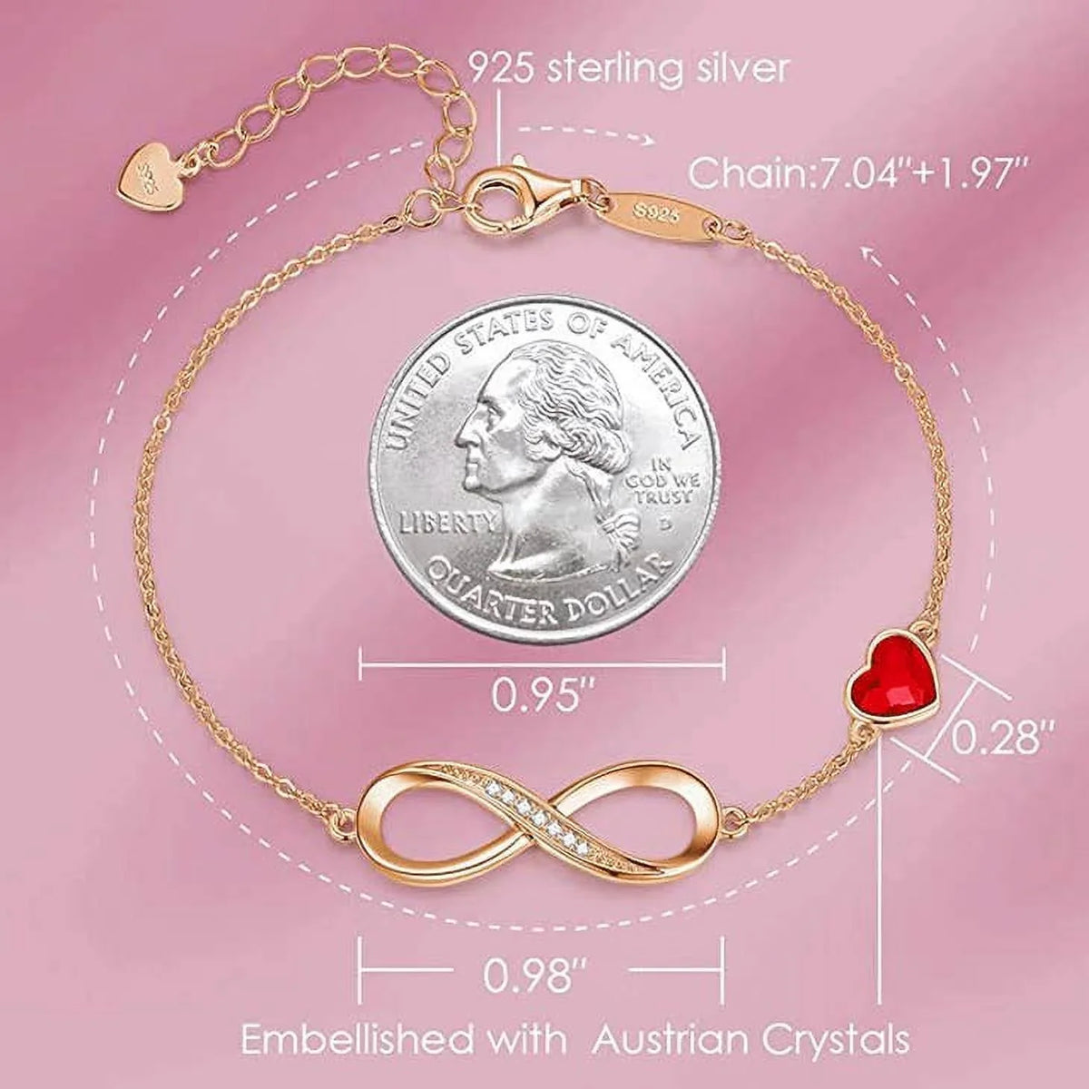 Rose Infinity Silver Sterling Gold 925 Bracelet Crystal Red