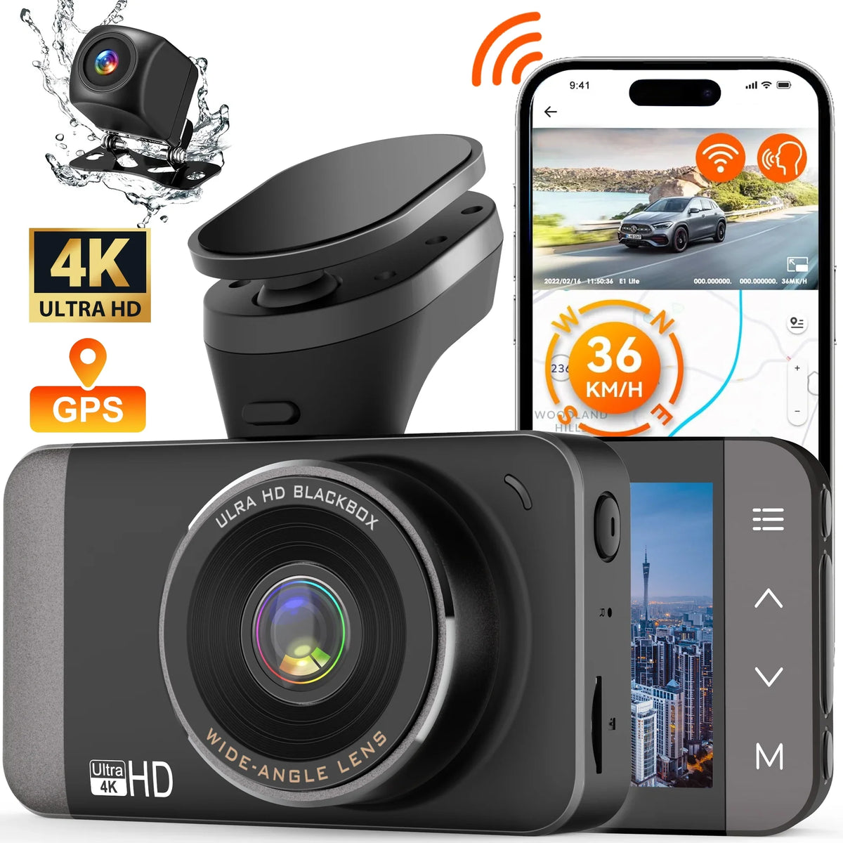 with and Loop WiFi For 3'' and Night GCZ 4K IPS 24H Dashcam HD Touchscreen GPS, Dash Rear Vision, with G-Sensor, Front Full Cam and and Parking Recording Mode Car
