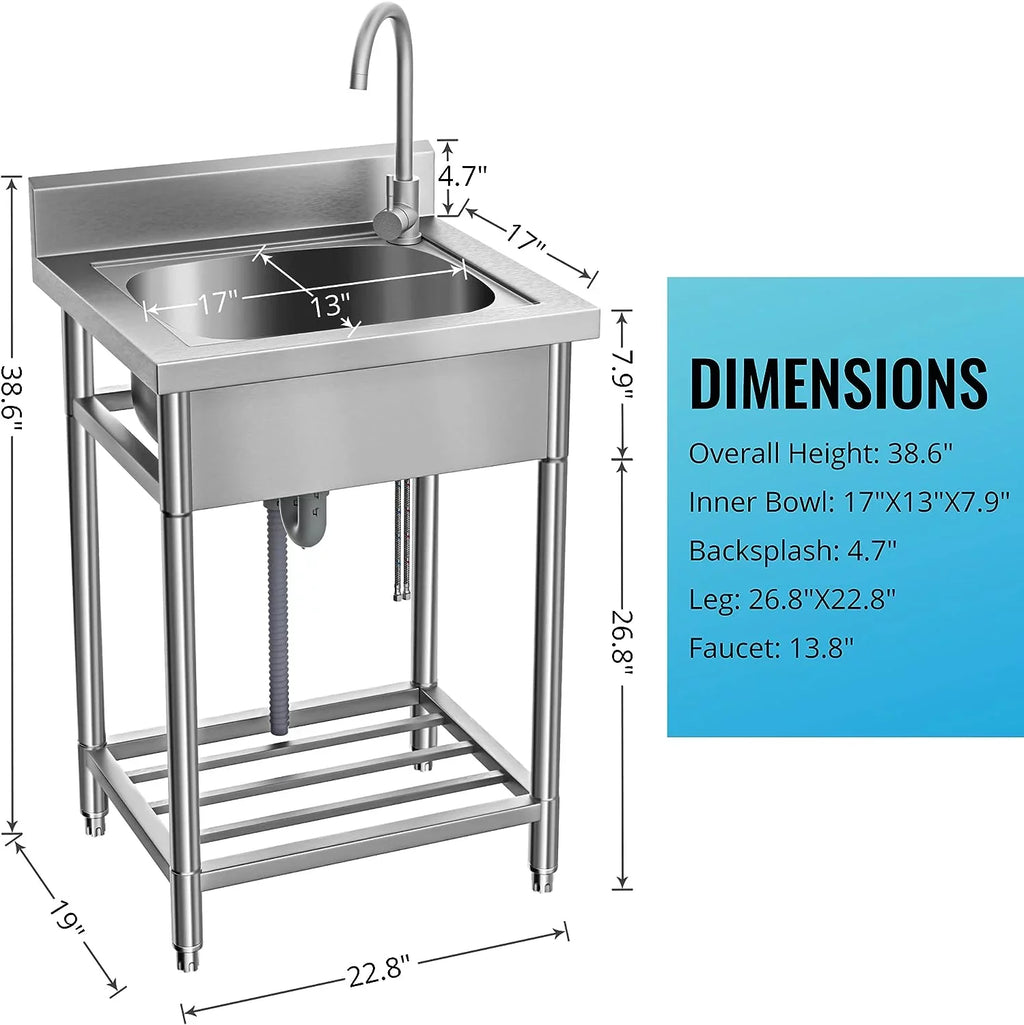 Single Steel with and Free Utility and Stainless Bathroom, Water Pipe Farmhouse for Cold Hot Ideal Standing Bowl Room, Laundry - Sink