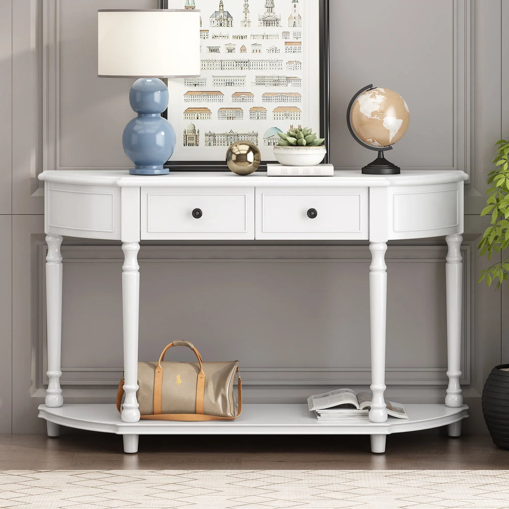 OLD Style Drawers Wooden WF298768AAK) Table Console Shelf Retro Curved Top Two SKU: Open (White, Frame Design Legs with and Circular Solid