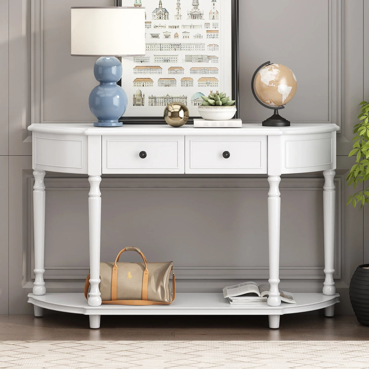 OLD Style Drawers Wooden WF298768AAK) Table Console Shelf Retro Curved Top Two SKU: Open (White, Frame Design Legs with and Circular Solid