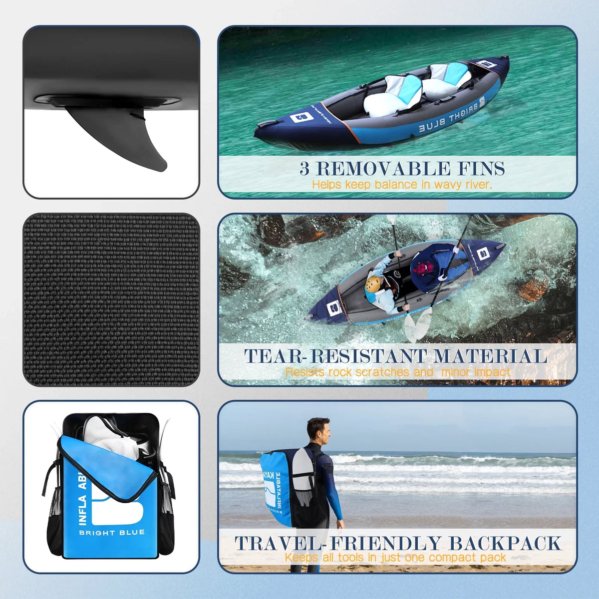 Inflatable White Paddles,Hand Persons Kayak with Water sit-on 1-2 BLUE BRIGHT Touring Paddling Pump,Backpack,Fins