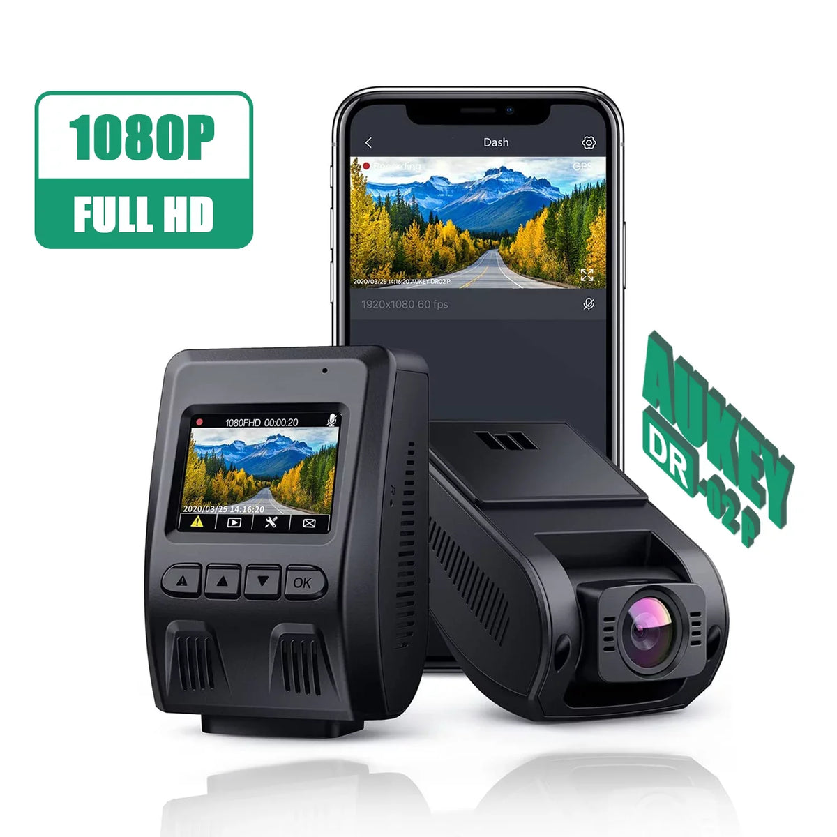 Black-DR02 Wide Dash P Camera, 1080P for Dash Camera 6-Lane Lens 170-Degree AUKEY Cars, Angle Cam, FHD Wifi Car