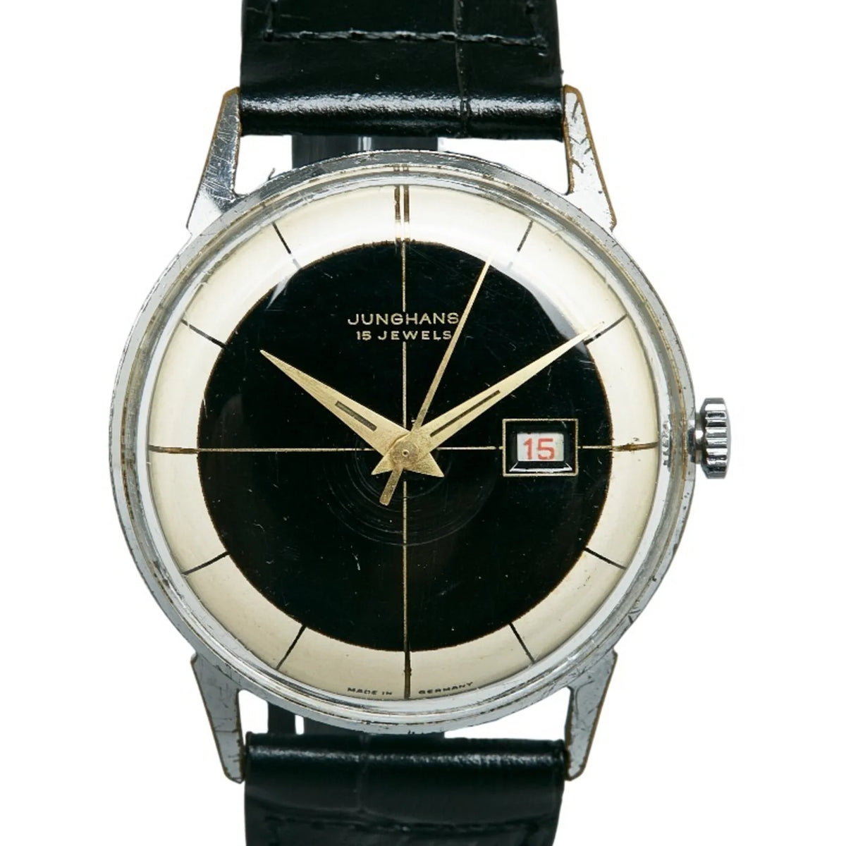 White Winding Pre-Owned External Watch 15JEWELS Junghans Belt JUNGHANS Steel Manual Dial Ladies Black Stainless (Good)