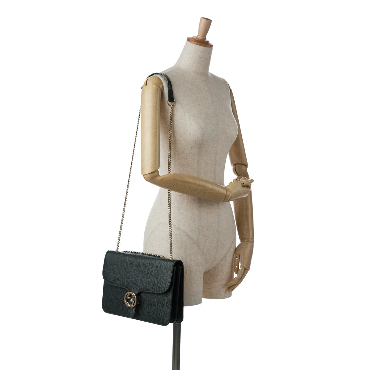 (Good) Authenticated G Leather Dollar Interlocking Crossbody Unisex Calf Gucci Medium Pre-Owned Bag Black