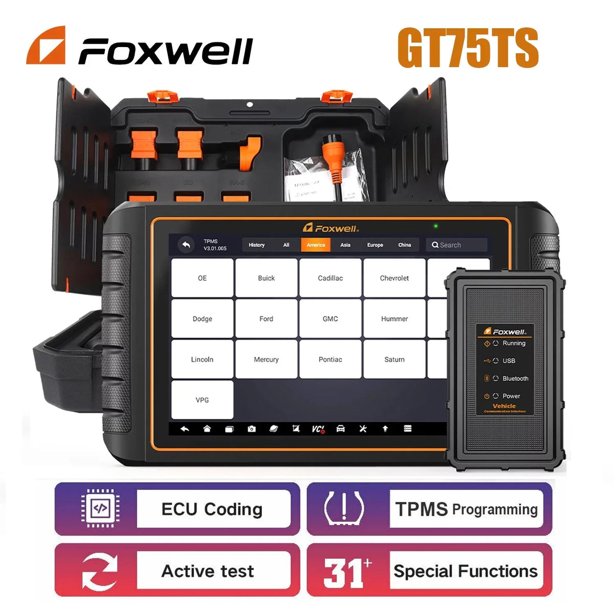 ECU Foxwell Test Professional Coding All Automotive OBD with TPMS Reader Tool OBD2 Services Code Tool Scanner System Tool Car EOBD 36 Reset Diagnostic Programming GT75TS Active Bidirectional Scanner