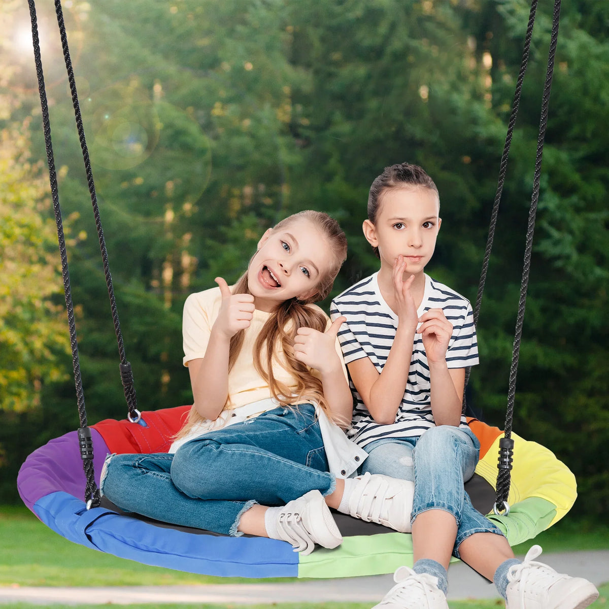 700lb Web ZenSports Kids - UV Protection, Set Swing 360 Waterproof, Rainbow Multi-Color Saucer Steel Outdoor Tree 40" Ropes Adjustable 70’’ Rotate°, Frame,