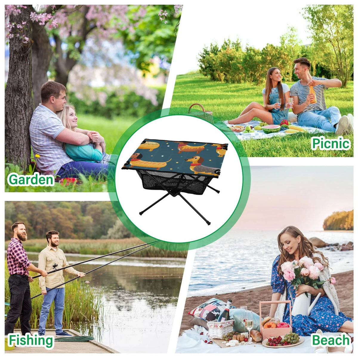 Outdoor Compact Dachshund Table Portable Bag Folding Storage Dogs Fishing Cartoon Picnic for Camping Table Table with BBQ Beach Travel