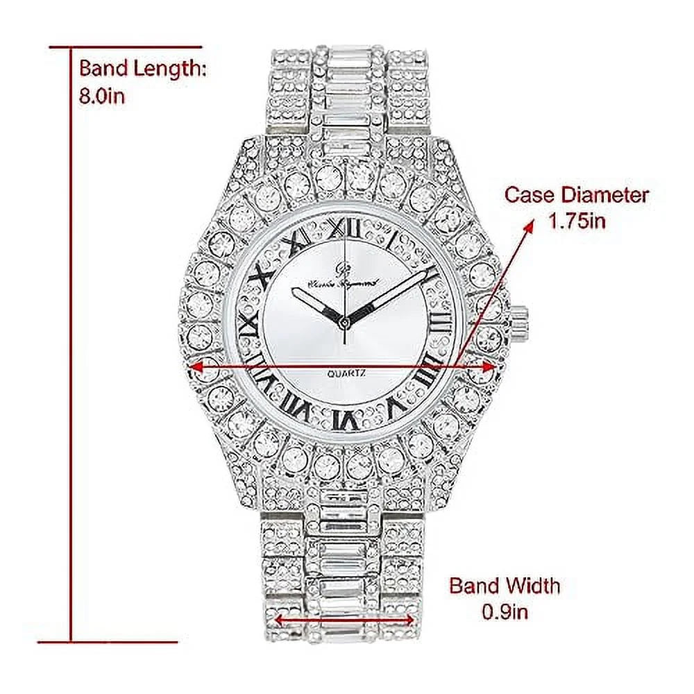 Mens Diamond Hip Read Out Date Iced Watch Colorful Blinged Timepiece Out ST10535 Fully and Raymond Dials- Big Charles - &Day Hop (ST10537-RN Rocks Designer Silver) w/Easy