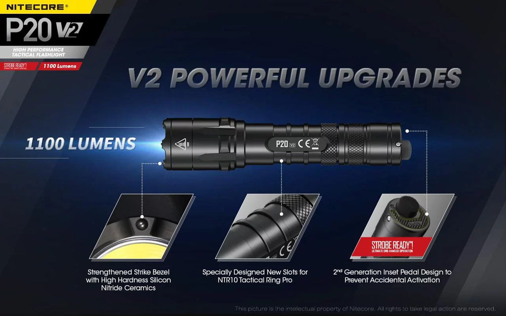 P20 - Combo: Flashlight V2 XP-L2 Tactical Lumens LED Battery 1100 V6 w/NL1834R Cord Eco-Sensa +Free - Nitecore CREE USB