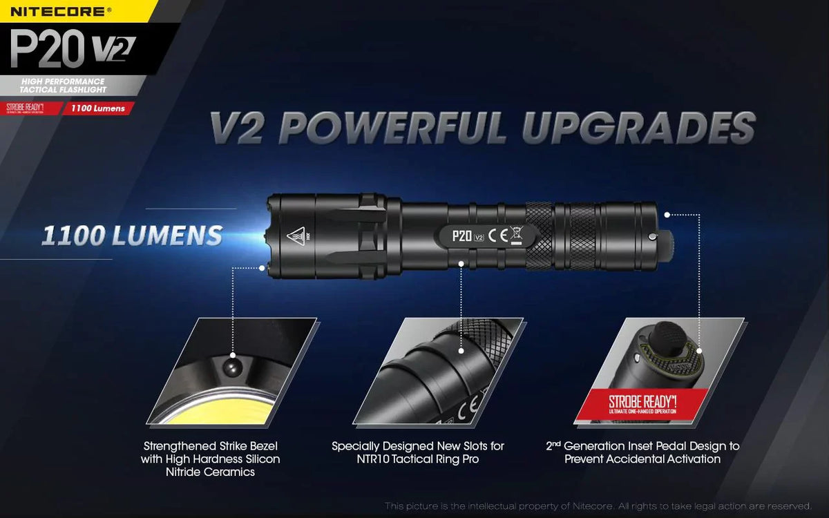 P20 - Combo: Flashlight V2 XP-L2 Tactical Lumens LED Battery 1100 V6 w/NL1834R Cord Eco-Sensa +Free - Nitecore CREE USB