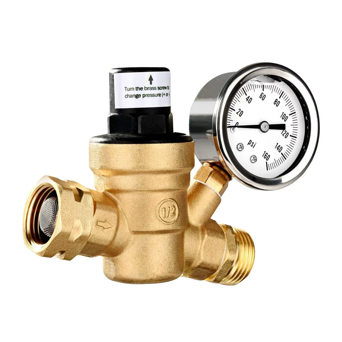 Travel Valve Filter, Ideal Adjustable and - for Brass, Lead-Free and RV Water Pressure Screened Gauge Trailers Regulator with 0-160PSI Inlet