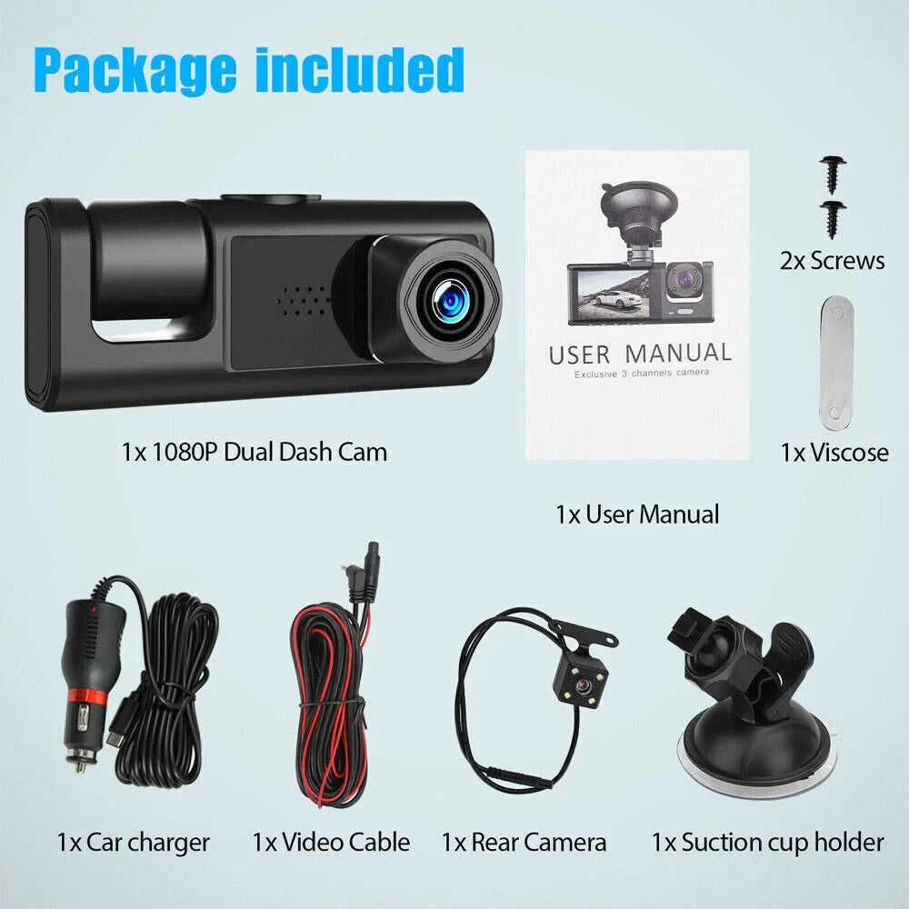 Camera Dash Dual Car G-Sensor Recorder Lens 1080P Cam Front/Rear/Inside Video