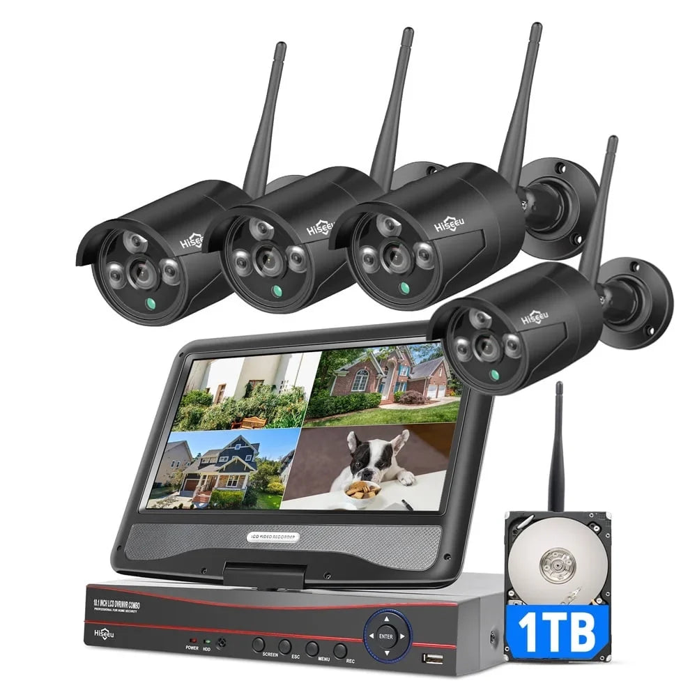 Vision, Monitor, NVR, Hiseeu Camera 10 WiFi) 4Pcs Channel Only 10.1'' with 2.4Ghz Recording, Night Waterproof, 1TB Home System with Wi-Fi (Supports Audio Security Hard Wireless Drive, Camera Security