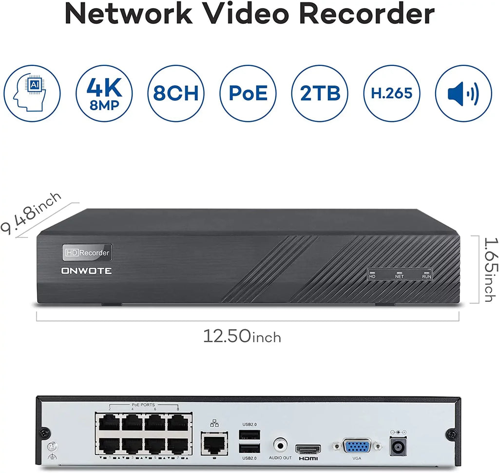 Pcs Wired Security System Channel Human PoE Vision, HDD, Detection with PoE Outdoor 8 Night ONWOTE Cameras, for NVR 6MP Business 8CH Home System, Vehicle IP AI 122° Camera Color 2TB 4K 4K 4