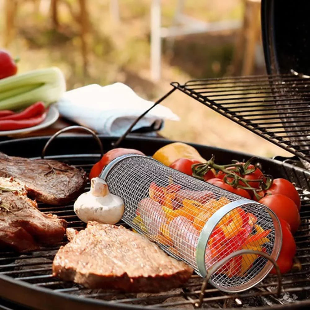 Cooking ，Portable Vegetables, Outdoor Basket BBQ Shrimp, Grilling Grilling BBQ Griller for Accessories 2PC Barbeque Barbecue Basket，Round Rolling Camping Rack Fish,