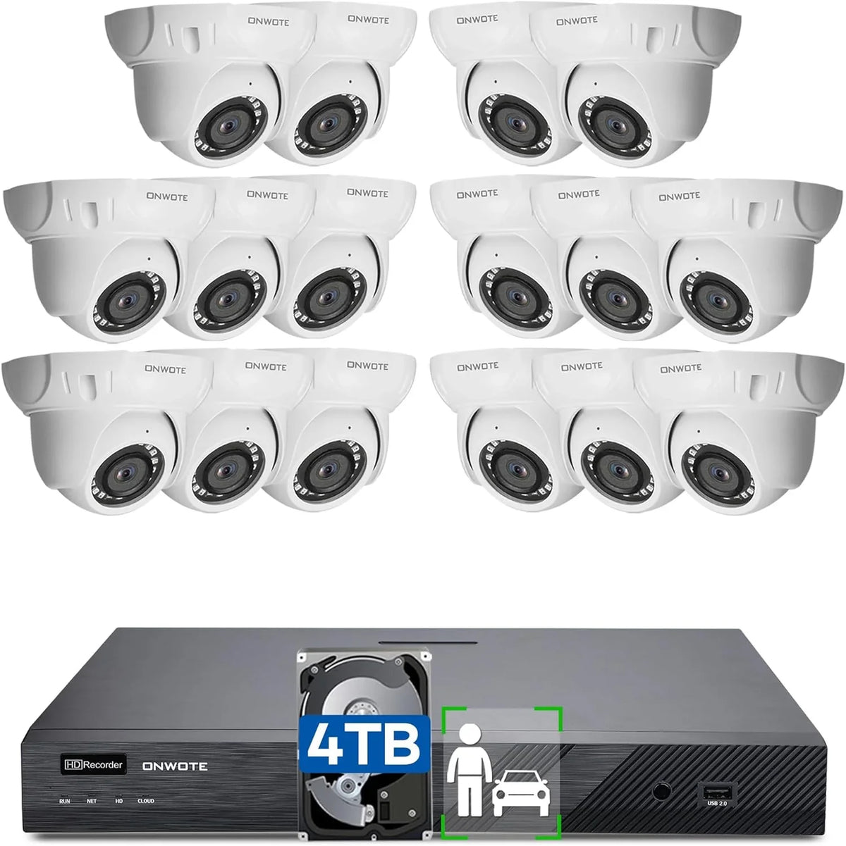 Channel PoE Human Cameras, Detection, Camera AI for 16 4TB 24-7 8MP Surveillance NVR PoE Outdoor HDD pre-installed 4K with 6MP IP Business System, 16CH Recording, & 16pcs 4K Vehicle Security ONWOTE