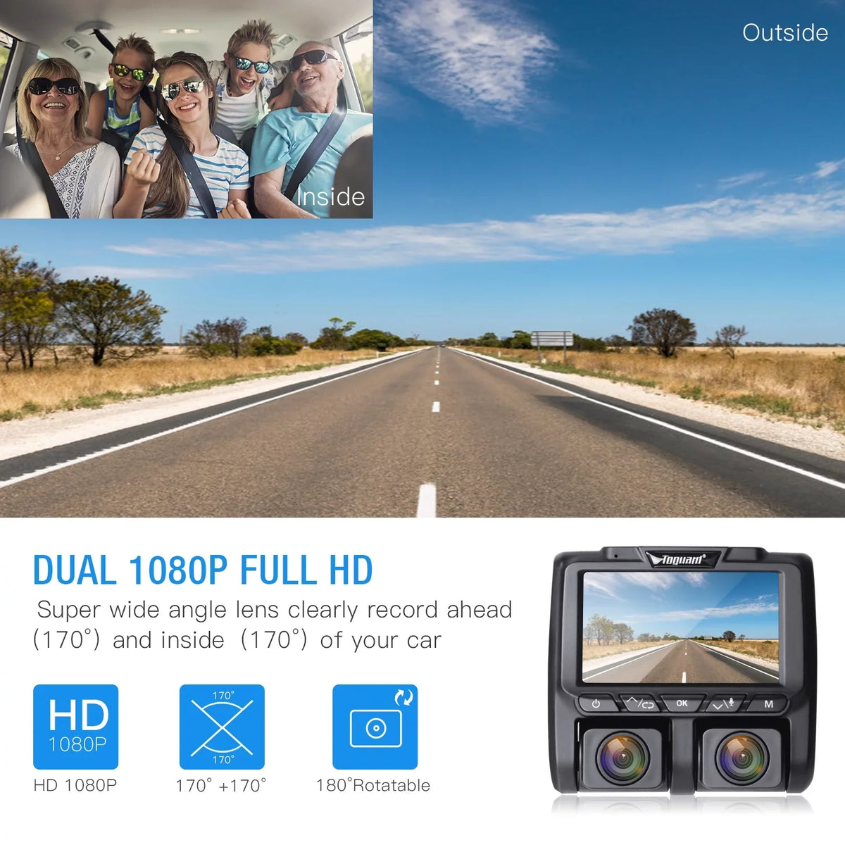 Monitor, Recording Cam TOGUARD Camera G-Sensor, Loop 3" Car 1080P Night Dual Camera Parking Dash Dash LCD and Vision Inside Screen IR Front with