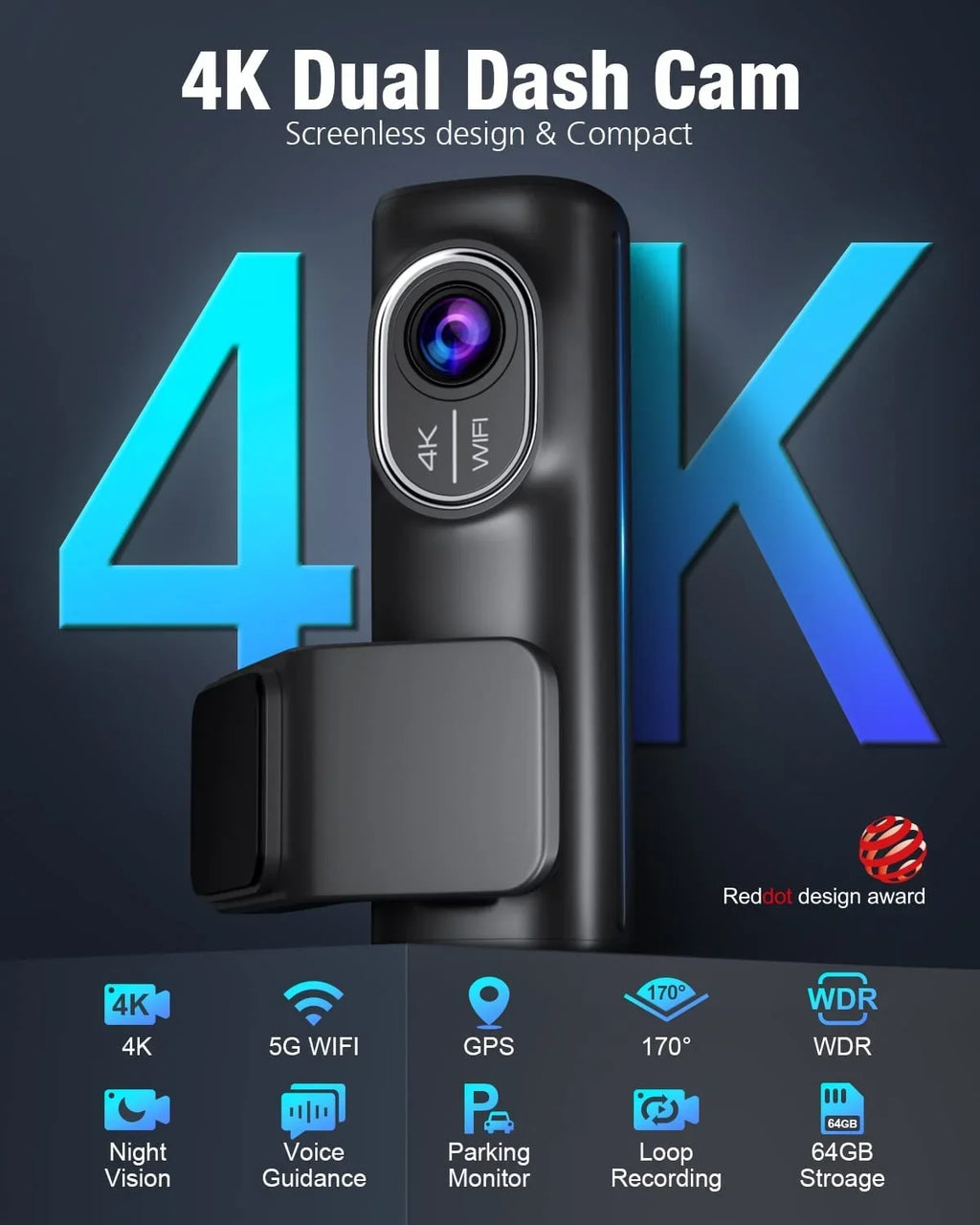 Loop Parking Rear SD Cars G-Sensor, Vision, Night Card,WDR Dash WiFi 5G GPS APP Mode,170°Wide, Free 64G Recording, 4K/2K/1080P+1080P OMBAR for with Front and Cam 24h