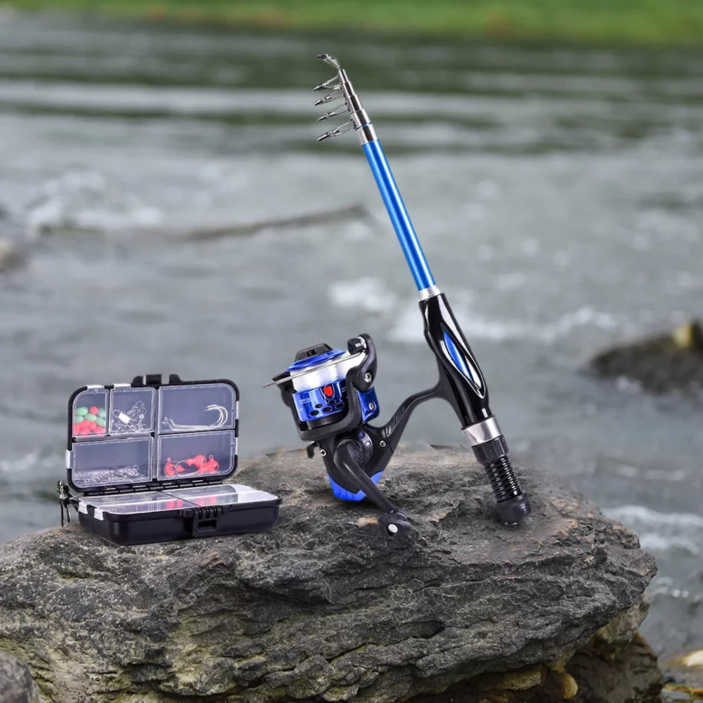 Rod and Reel Kit,Telescopic Fishing Full Reel Combo Rod Kids Set Spinning Fishing Blusea