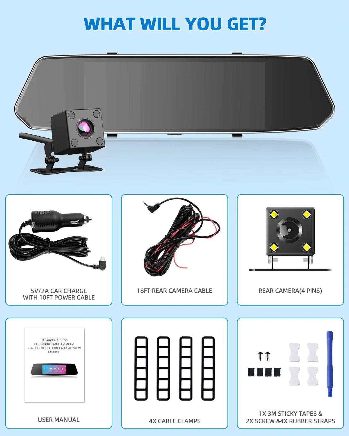 Dash Mirror Motion Camera G-Sensor Infrared Dual Touch Cam TOGUARD 7" and Dash 1080P Detection, Front Night Rear, Screen, IPS Vision,