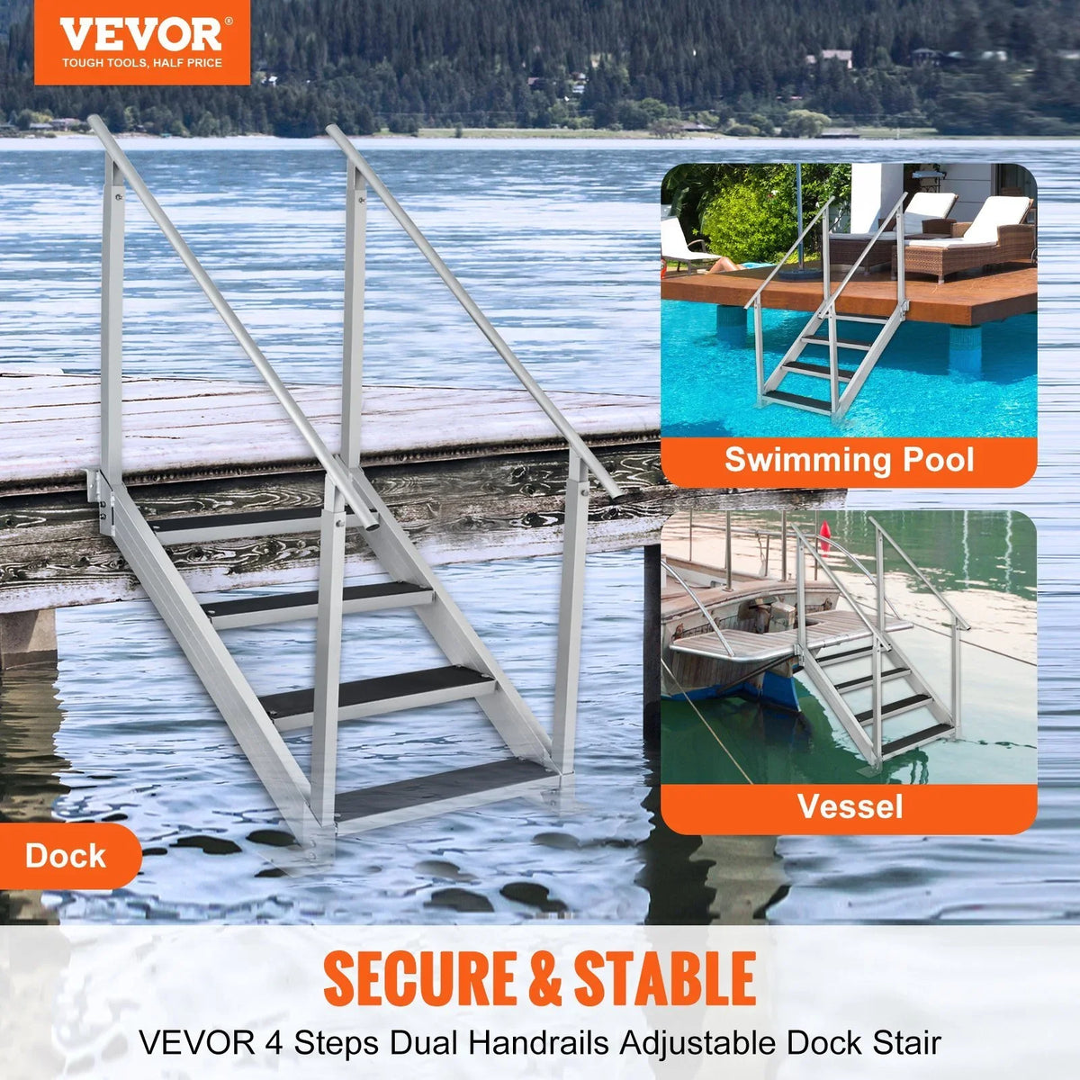 in. Height, Step Vevor Stairs Load Ladder 30-38 500 Dock Capacity Dock Adjustable lbs 4