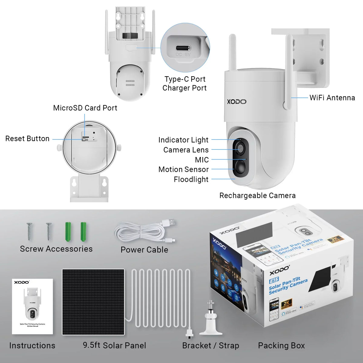 Home System, Audio, Pan-Tilt Camera Cam Night Security for Detection, 2K 360° XODO – Outdoor Color View Wireless Motion Solar Vision, Remote 3MP App Cloud/SD 2-Way Siren, with Floodlight E15