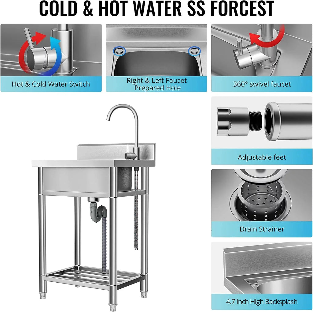 Single Steel with and Free Utility and Stainless Bathroom, Water Pipe Farmhouse for Cold Hot Ideal Standing Bowl Room, Laundry - Sink