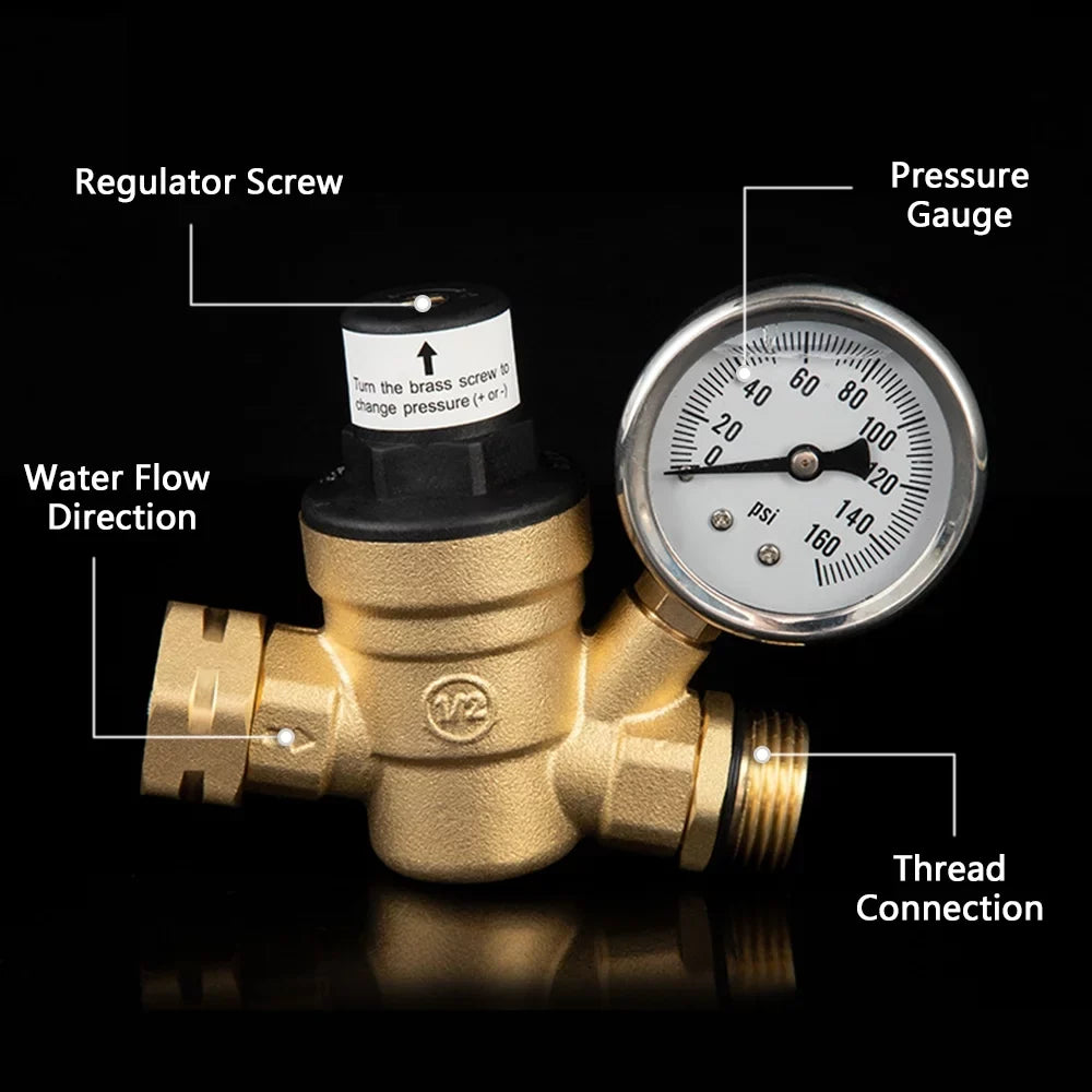 Travel Valve Filter, Ideal Adjustable and - for Brass, Lead-Free and RV Water Pressure Screened Gauge Trailers Regulator with 0-160PSI Inlet