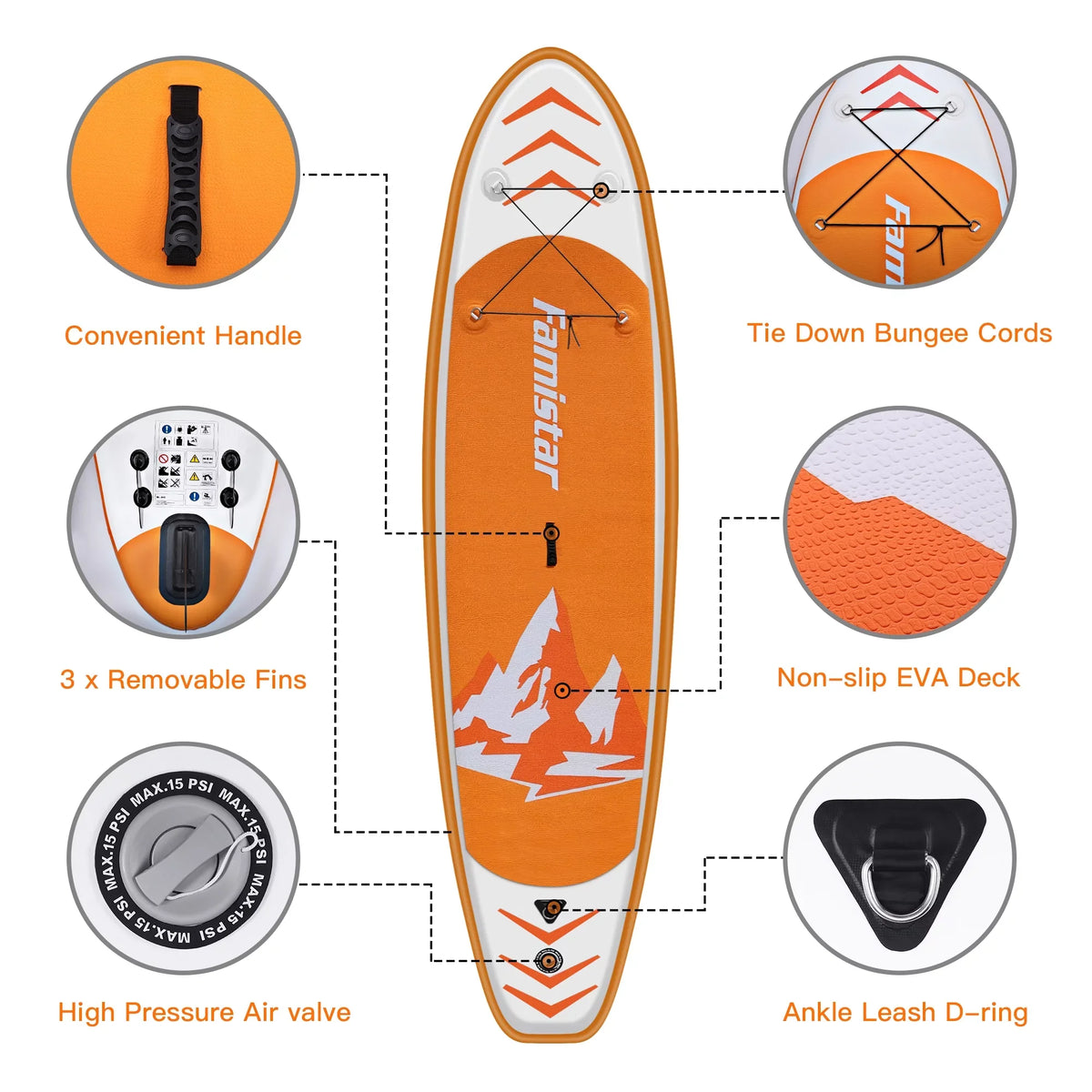 SUP/ & Control, Non-Slip Boat-Orange Adult Bottom Standing Surf Famistar Up Stand 10' Wide 3 Deck Board Inflatable Pins | Stance, Paddle Paddling, (6"Thick) with Fin for |Youth