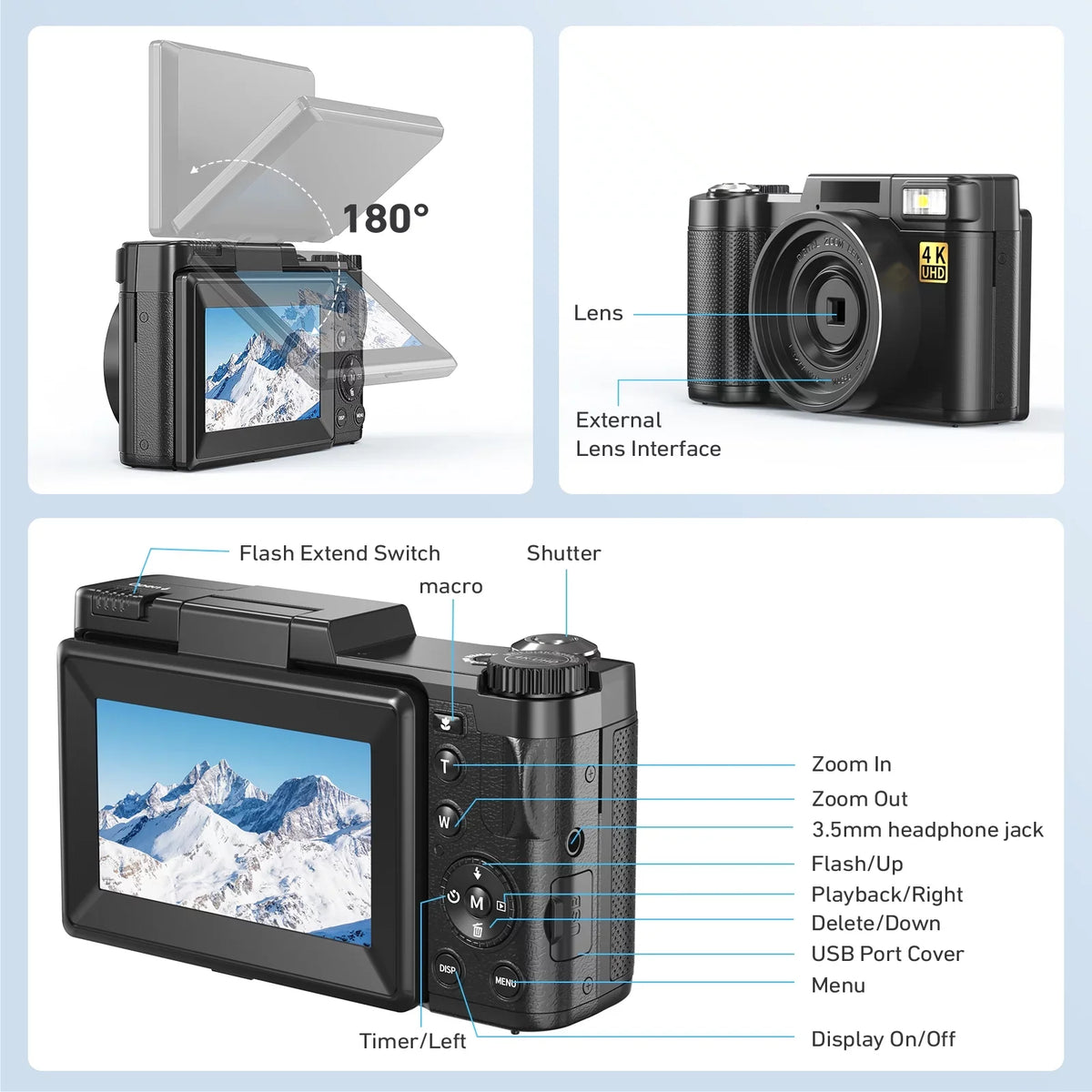 Macro for YouTube Camera Camera 16X Vlogging 180°Flip Photography Digital 3’’ 4K & Digital Flash, Zoom Function with Camera 48MP MARVUE Liftable Screen