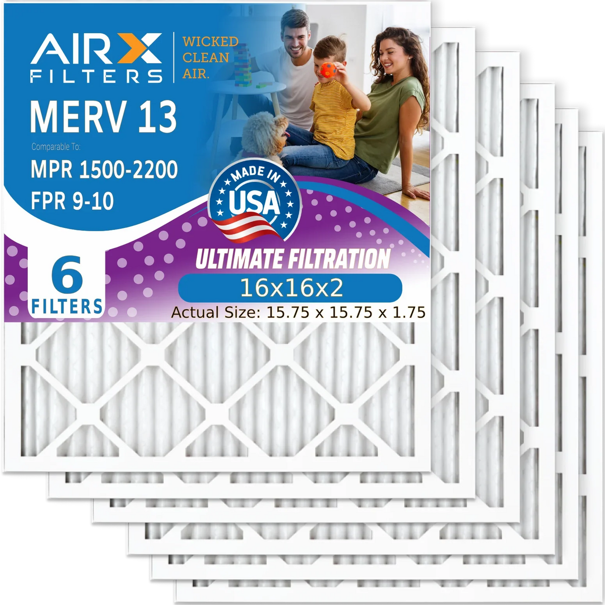 by 6 USA 16x16x2 Comparable Pleated AIRX - Conditioner & Filter Premium CLEAN Filters 2200 AC WICKED 1500 Filter HVAC Pack 16x16x2 to FILTERS Electrostatic 13 Furnace AIR. MPR Air Made Air FPR 9 MERV
