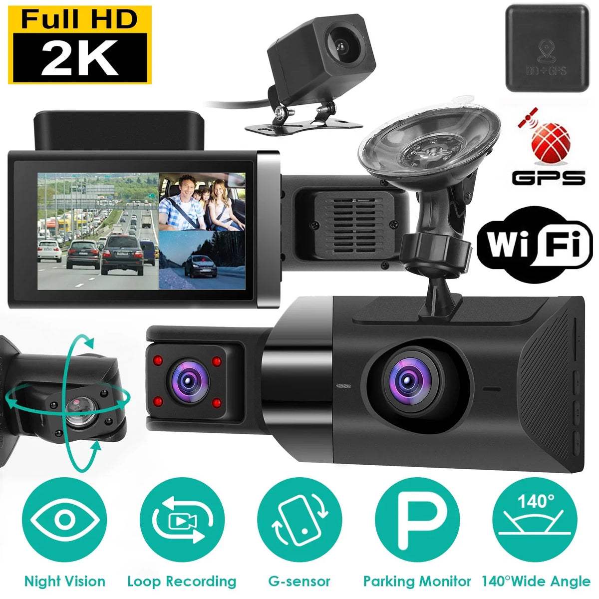 Camcorder, Vision 140° 2K Car Monitor Camera G-sensor Loop Cam WiFi Dash Recording Night Parking Angle GPS Recorder with iMounTEK