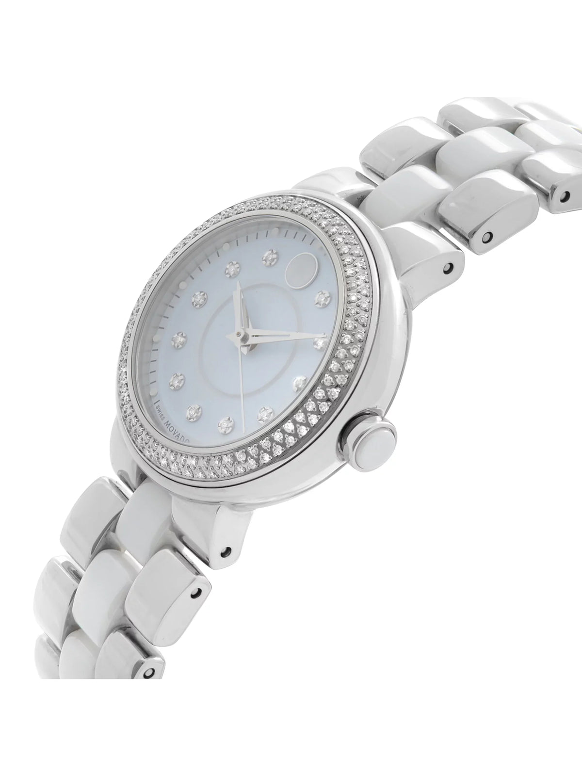 Movado Steel Ladies Diamond Ceramic White Cerena Quartz Bezel 0606931 Watch 28mm Pre-Owned