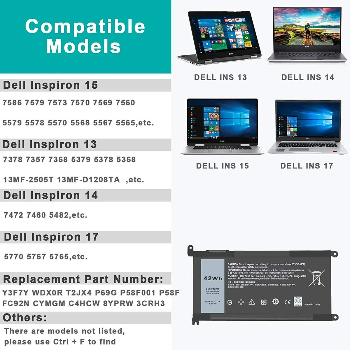 5368 7368 5x 15 5568 7569 Dell 13 7579 FC92N For 5567 Battery Inspiron WDX0R