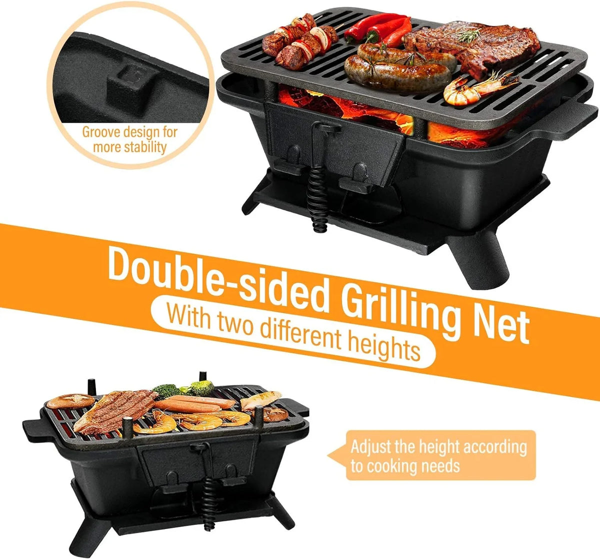 Regulating Fire Portable Picnic Grill Cooking Net, Cast Gate, Grilling Door, Patio Backyard Charcoal Perfect for Grill Camping with BBQ Air Grill Outdoor Hibachi Iron Double-sided Grill,