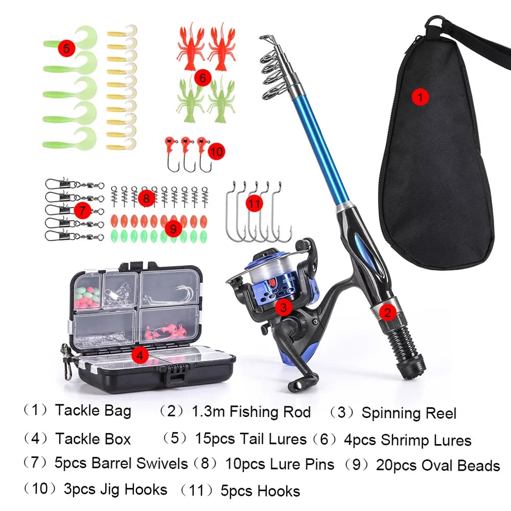 Rod and Reel Kit,Telescopic Fishing Full Reel Combo Rod Kids Set Spinning Fishing Blusea